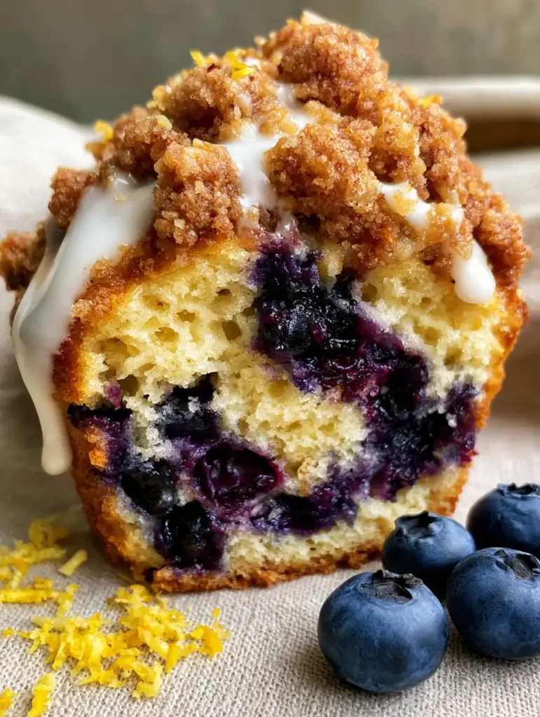 Lemon Blueberry Muffins on a beige linen surface with finely grated bright-yellow lemon zest flakes and whole raw blueberries.