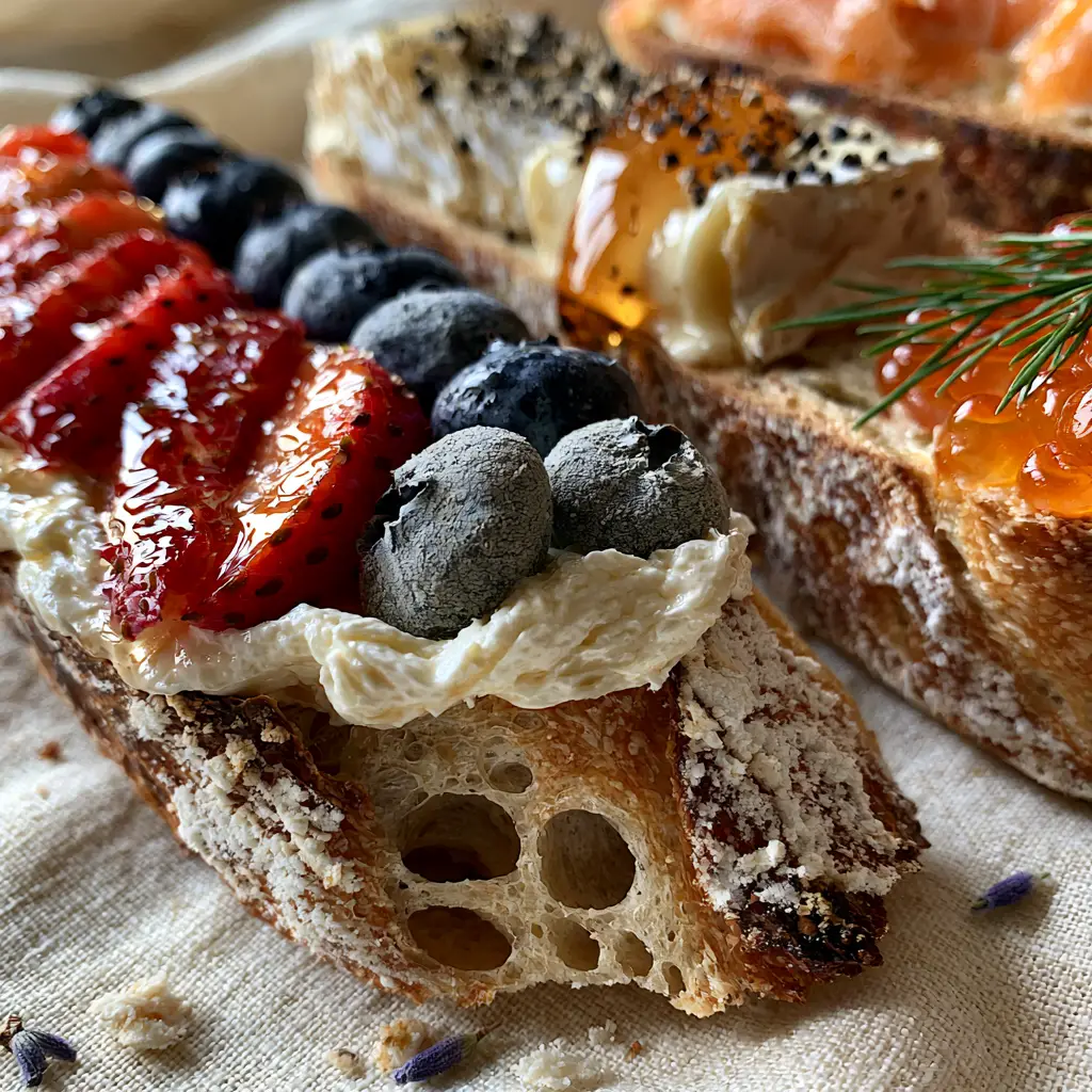 Detailed shot of smoked salmon roe and fresh dill on toasted sourdough baguette slices.