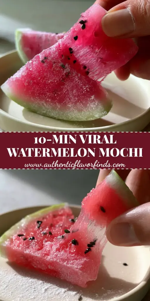 A stack of vibrant pink watermelon mochi slices with a thin green matcha rind and black sesame seeds on a cream plate. (watermelon mochi)