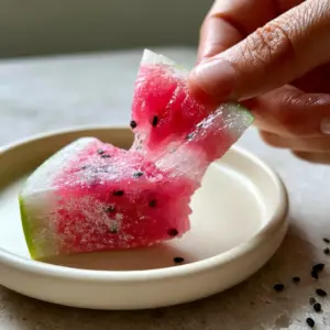 A close-up shot of a hand pulling apart a piece of stretchy pink watermelon mochi to show the elastic 'QQ' texture and black sesame seeds. (watermelon mochi)