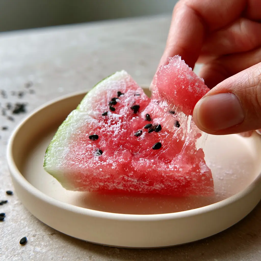 Macro view of watermelon mochi wedges on a stone countertop showing the matte potato starch dusting and vibrant pink color.