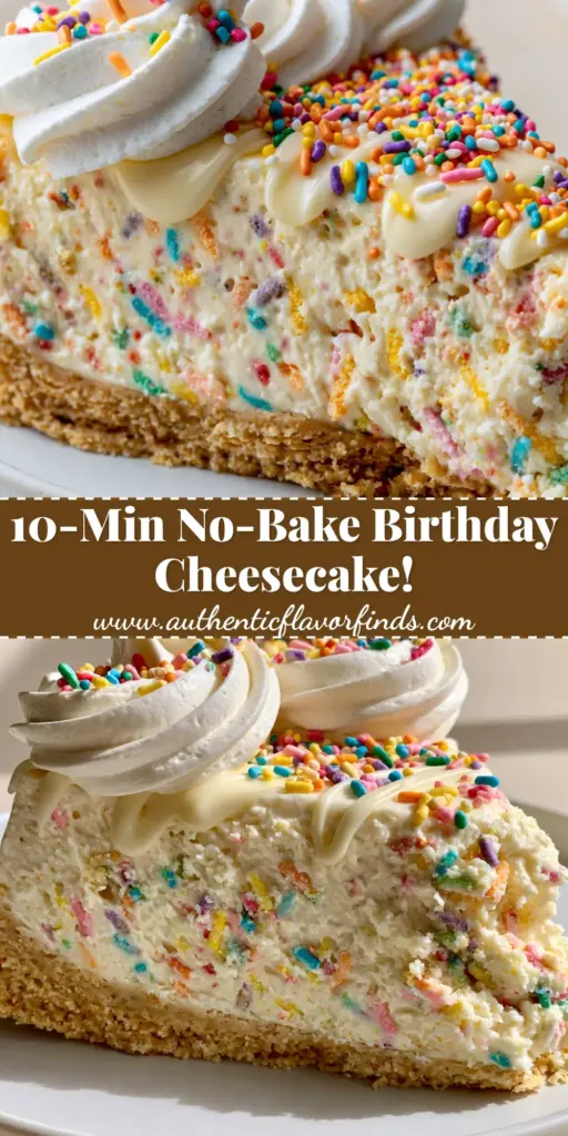 A tall, professional slice of Birthday Cake Cheesecake featuring a Golden Oreo crust, rainbow sprinkles, and piped whipped cream on a white plate.