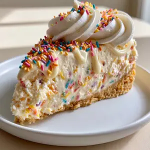 Close-up of a dense Birthday Cake Cheesecake slice showing the velvety texture and rainbow jimmies suspended in the filling.