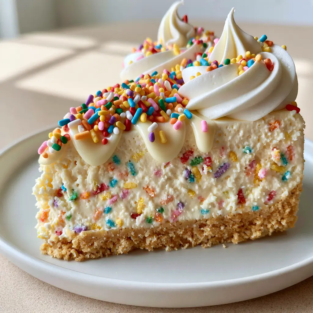 Side view of Birthday Cake Cheesecake slice highlighting the thick Golden Oreo crust and glossy white chocolate drizzle.