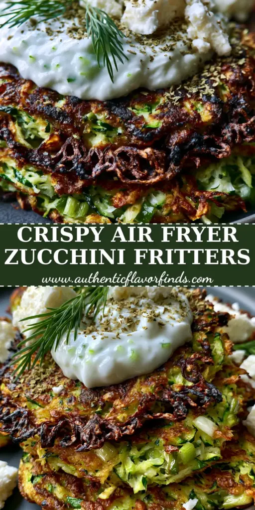 A stack of golden-brown Greek Zucchini Fritters topped with thick white tzatziki and fresh dill on a dark matte plate.