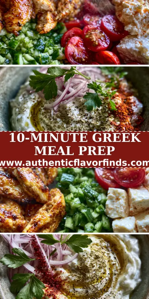 A vertical split-screen shot featuring meal prep containers of seared chicken and fresh Greek vegetables on top, and a macro shot of a tzatziki bowl on the bottom. (Greek-inspired recipes)