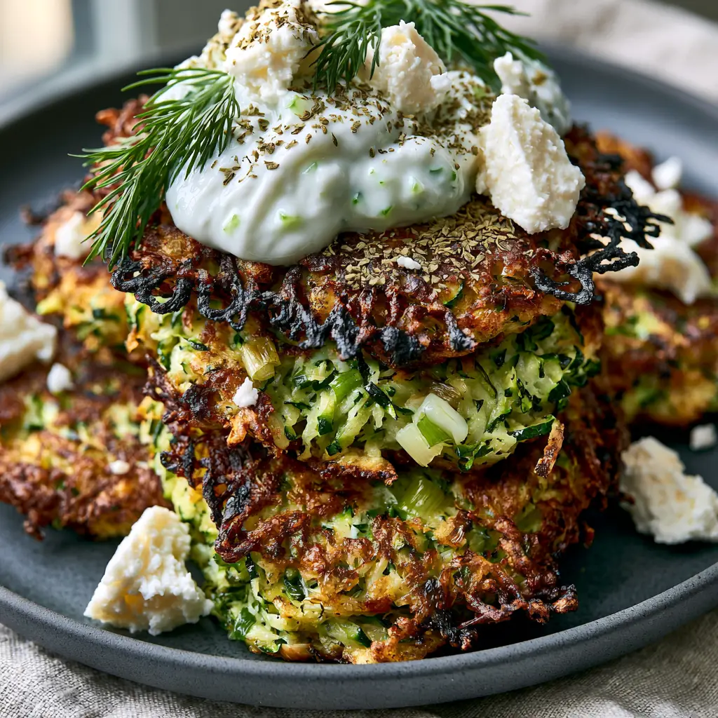 Handheld smartphone photo of a dollop of tzatziki sauce with cucumber bits on top of a stack of zucchini fritters.