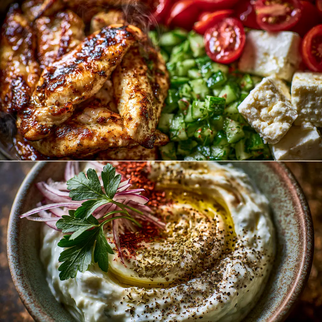 Macro hero shot of thick velvety tzatziki sauce swirled with olive oil and sprinkled with sumac in a ceramic bowl.