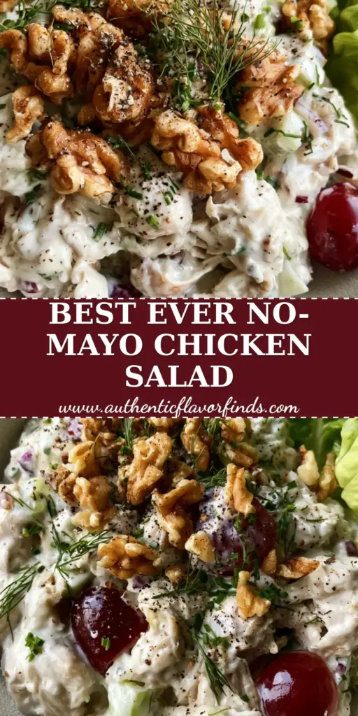 A top-down view of a Healthy Chicken Salad with thick Greek yogurt, red grapes, and toasted walnuts in a matte white bowl.