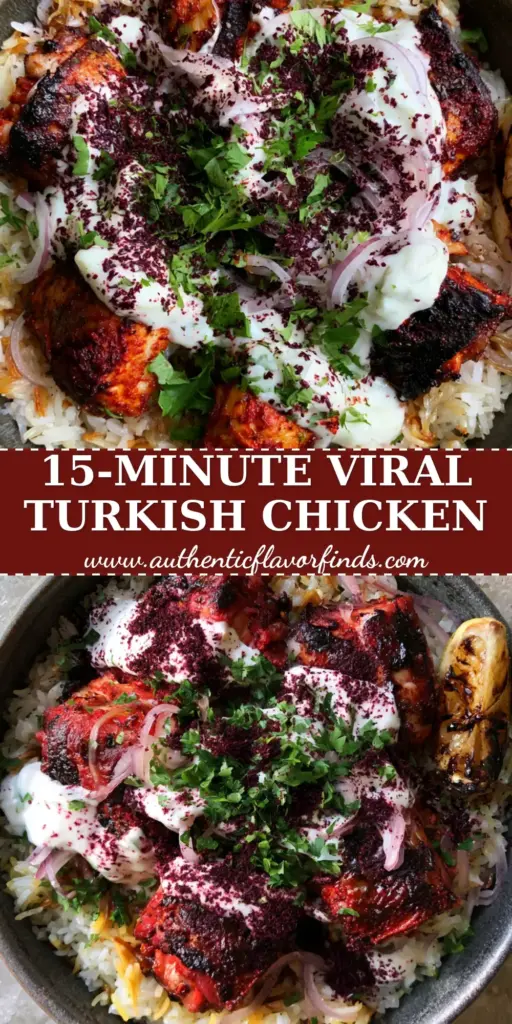 A top-down view of an Istanbul-style chicken and rice bowl with charred chicken, white garlic sauce, and red sumac. (Turkish recipes)