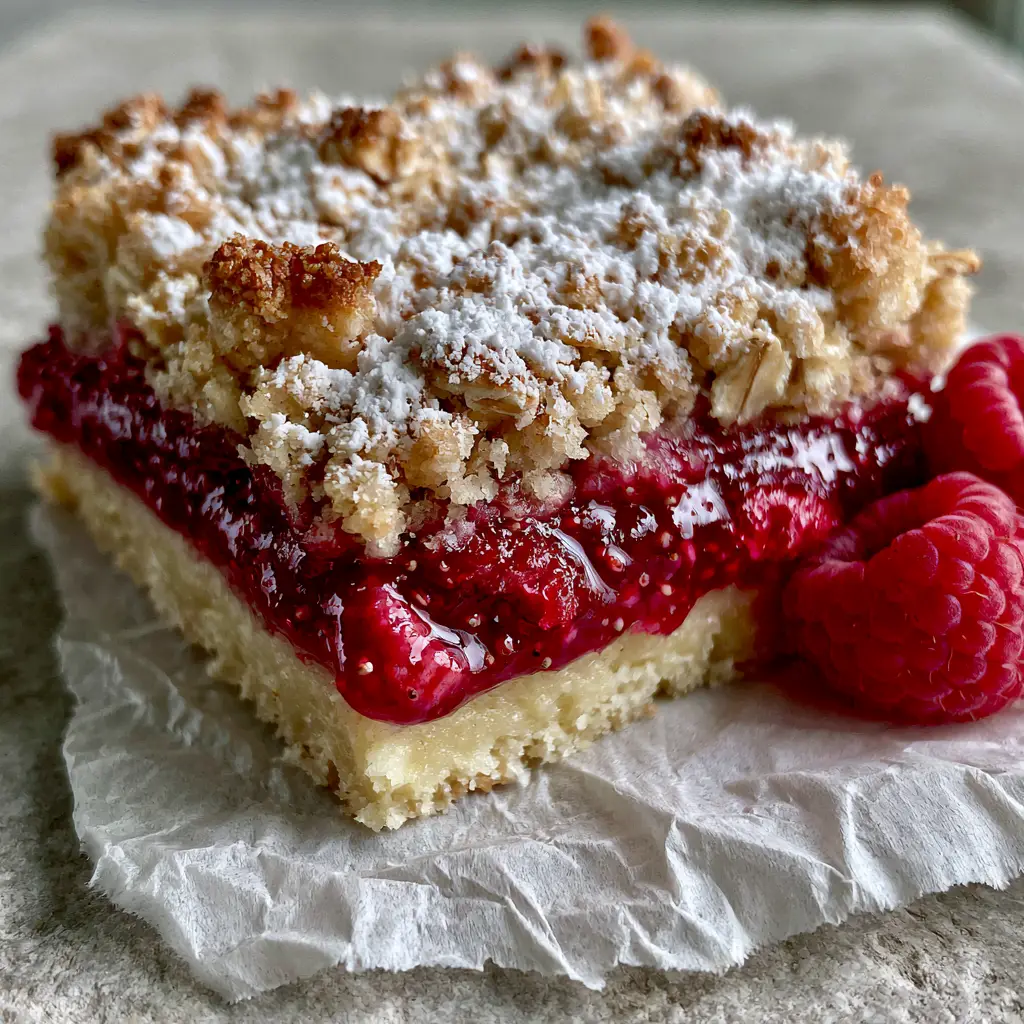 A heavy golden-brown toasted oatmeal crumble with a powdered sugar dusting on raspberry crumble bars.