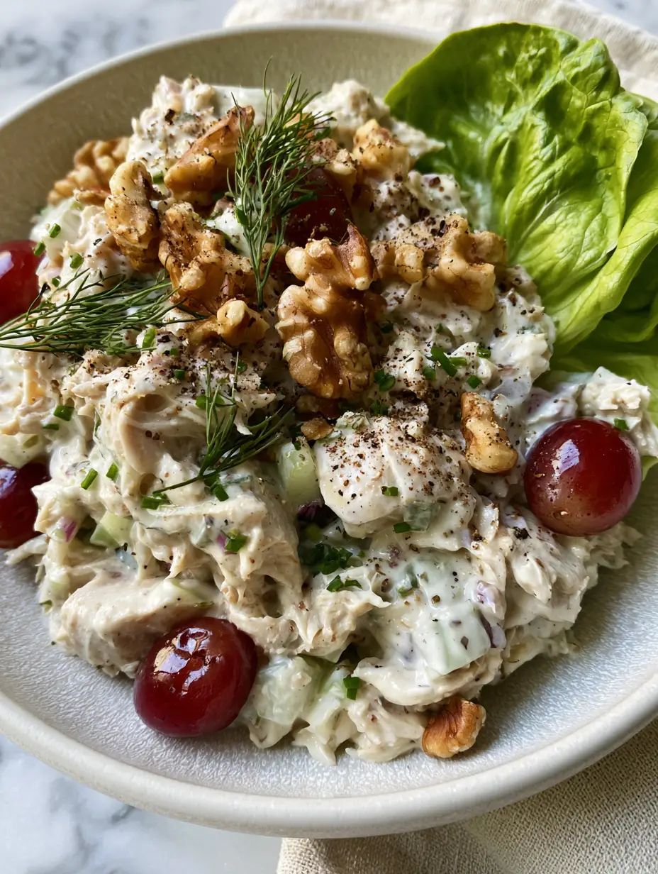 Creamy Healthy Chicken Salad featuring shredded chicken and needle-like dill sprigs on a marble surface.
