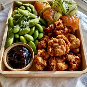 Top-down view of golden-brown karaage chicken and vibrant edamame on a wooden platter. (Japanese potluck recipes)