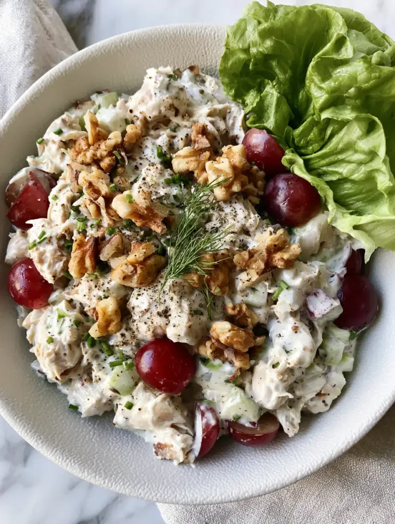 Close up of Healthy Chicken Salad showing texture of toasted walnuts, grapes, and cracked black pepper.