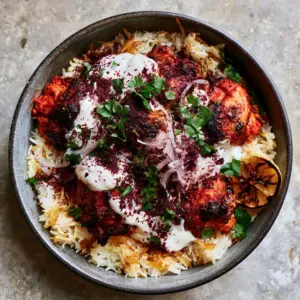 A smartphone photo of a Turkish chicken bowl with seared thighs and toasted vermicelli rice in a charcoal bowl. (Turkish recipes)