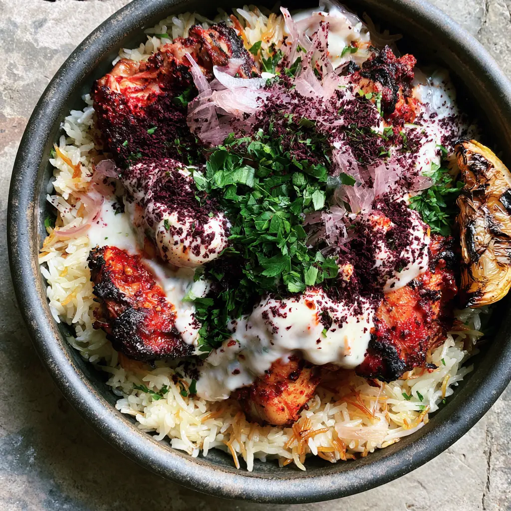 Close up of charred chicken thighs with ribbons of garlic yogurt sauce and fresh parsley. (Turkish recipes)