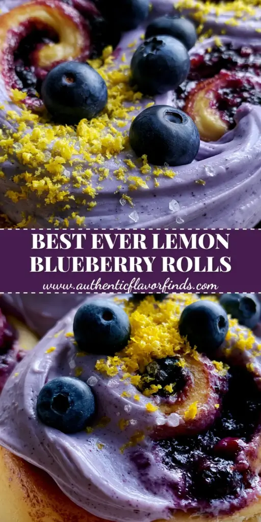 A close-up of six blueberry cinnamon rolls in a ceramic dish, smothered in lavender icing with fresh blueberry and lemon zest garnish. (blueberry cinnamon rolls)