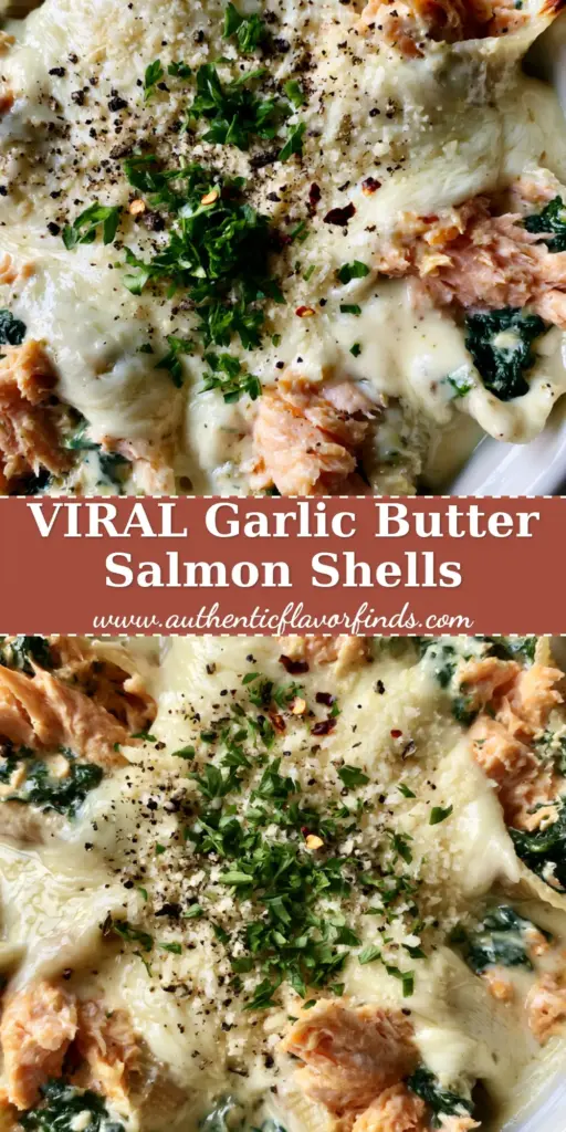 Overhead view of a white ceramic baking dish filled with salmon stuffed shells topped with melted mozzarella, parmesan, and fresh parsley.