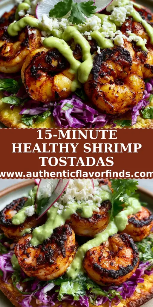 A close-up handheld shot of vibrant chipotle shrimp tostadas on a stone background featuring charred shrimp, purple cabbage, and avocado drizzle.