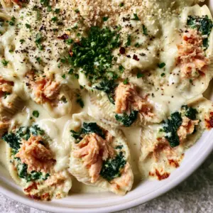 Close-up of jumbo pasta shells stuffed with moist salmon flakes and wilted spinach in a glossy cream sauce. (salmon stuffed shells)
