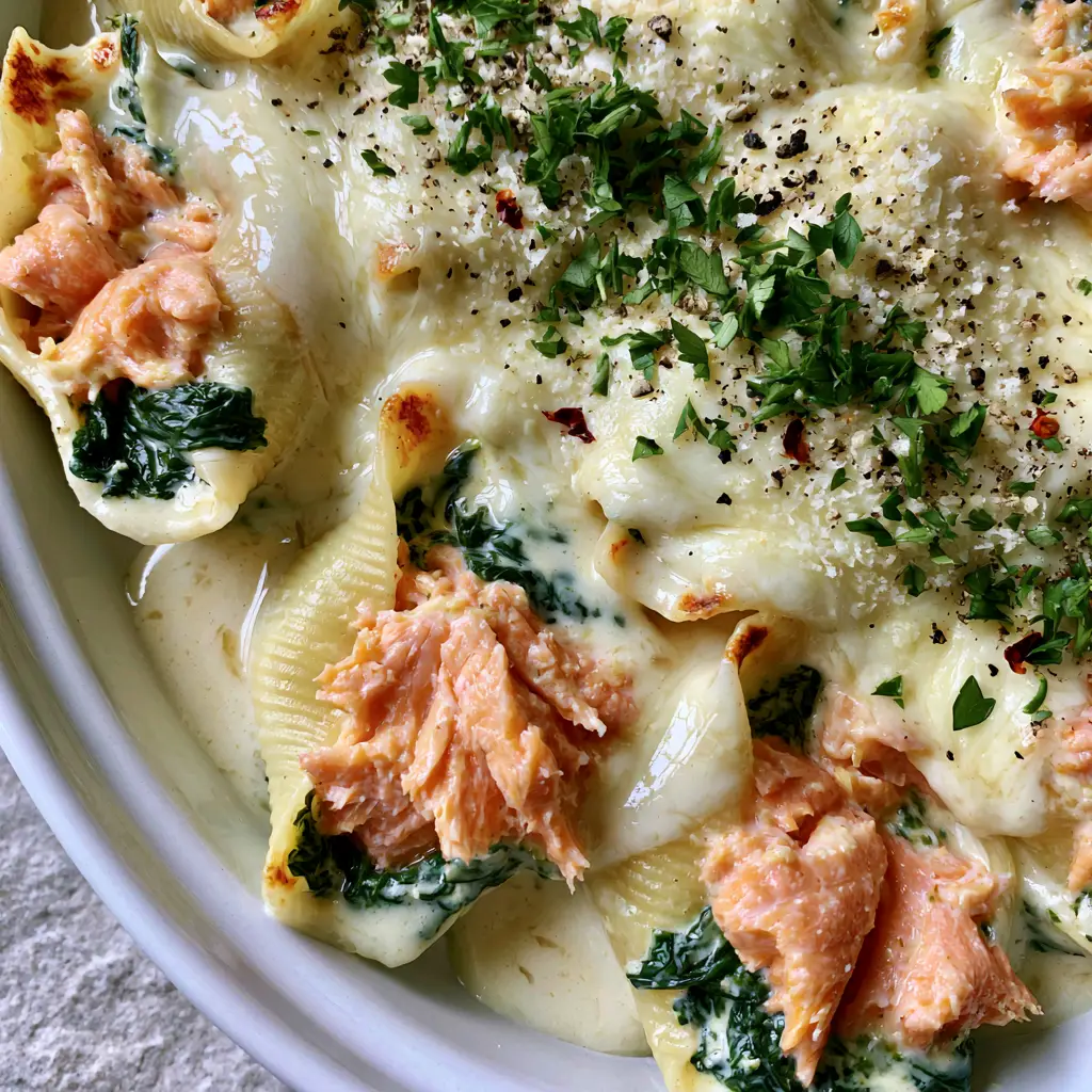 A white ceramic dish featuring salmon stuffed shells with bubbly melted mozzarella and golden-brown toasted spots. (salmon stuffed shells)