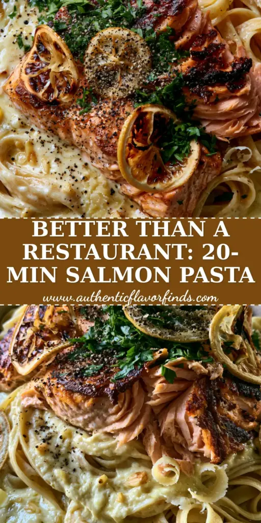 A close-up of Lemon garlic salmon pasta featuring large flakes of pan-seared salmon with a golden crust over creamy fettuccine and charred lemon slices.