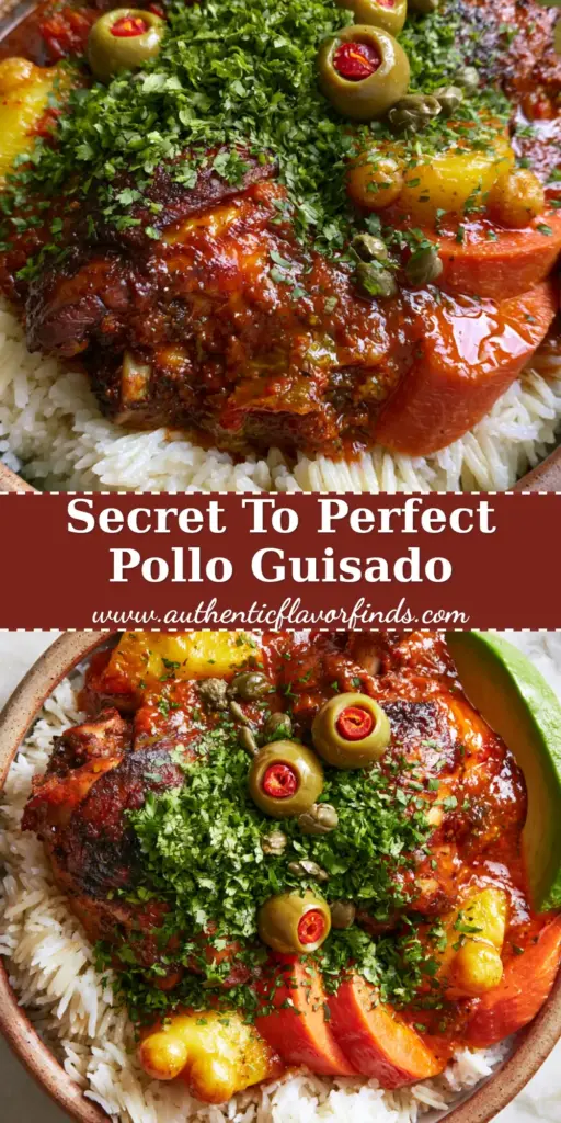 A rustic ceramic bowl of authentic Pollo Guisado with seared chicken thighs, terracotta sauce, potatoes, and carrots over white rice.