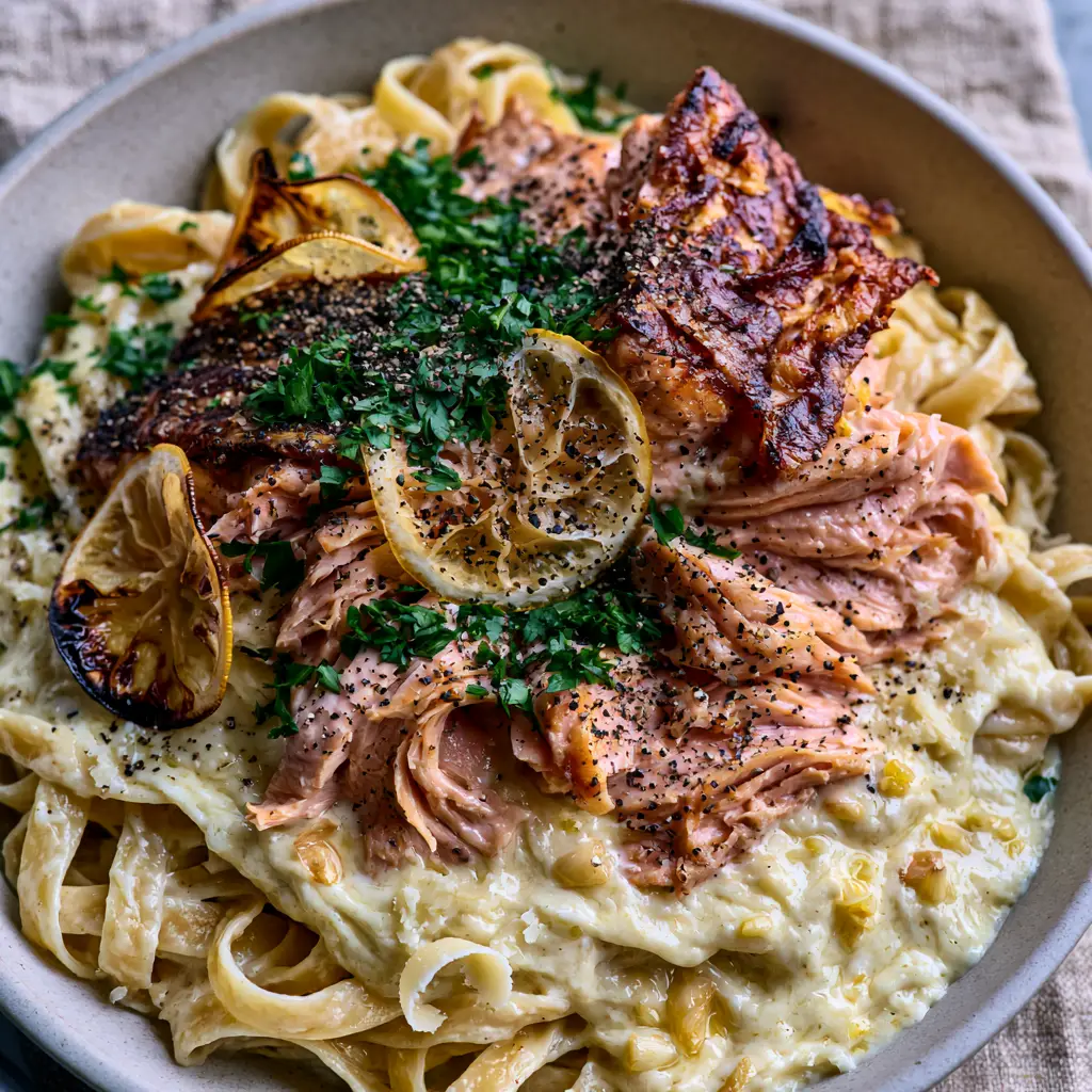 Detailed shot of pan-seared salmon flakes with golden-brown edges on top of lemon garlic salmon pasta with chopped parsley.