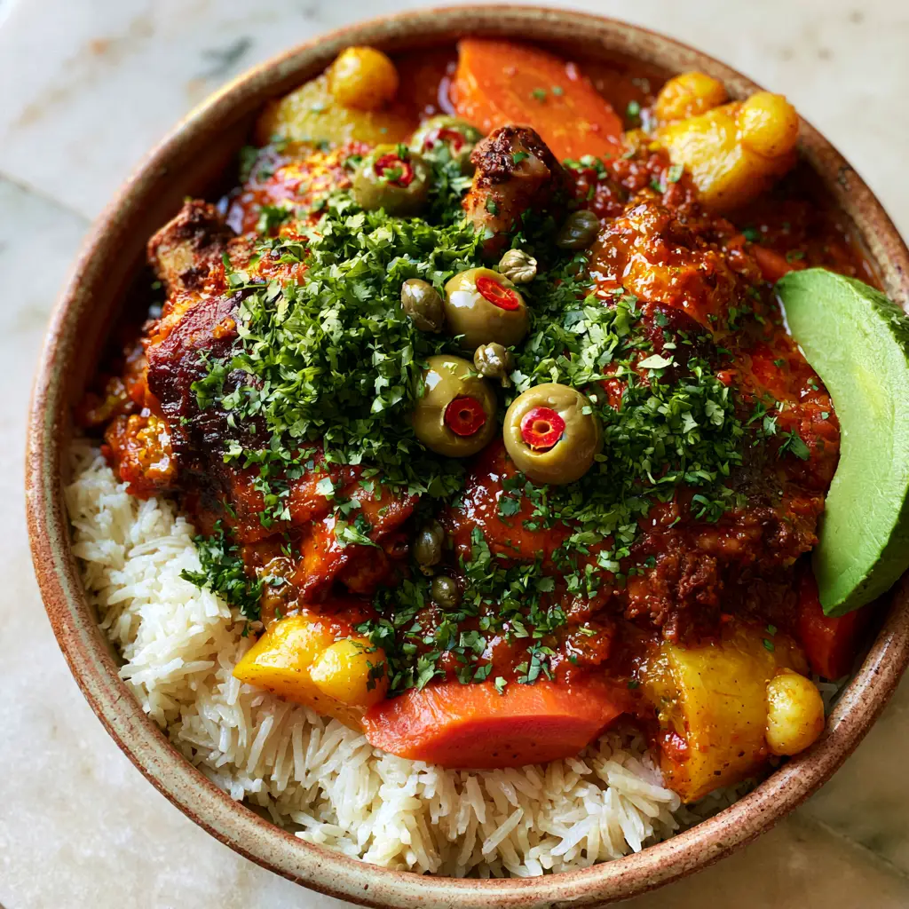 Close-up of Pollo Guisado showing the glossy terracotta-colored tomato sauce and pimiento-stuffed olives.