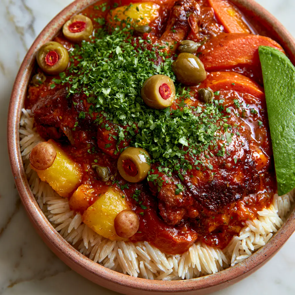 Top-down view of chicken stew with carrots, potatoes, and cilantro garnish on a marble countertop.