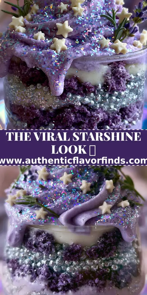 A smartphone photo of the staaaarshineeee dessert cup featuring lavender pudding, purple velvet crumbs, and white chocolate stars under fairy lights.