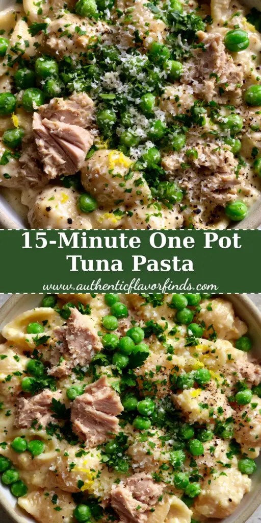 A top-down view of Creamy Parmesan tuna pasta in a bowl with large tuna flakes, bright green peas, and lemon zest garnish.