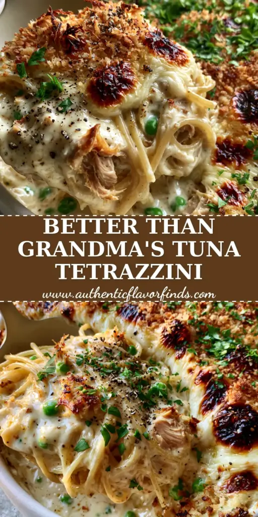A steaming scoop of Tuna Tetrazzini being lifted from a white ceramic dish, showing glossy ivory sauce, large tuna flakes, and a blistered mozzarella crust.