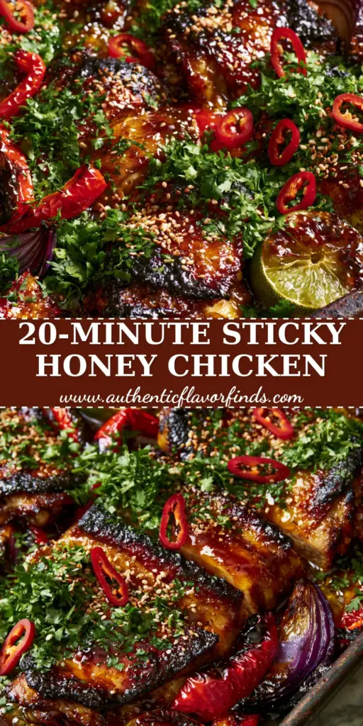 A close-up of Spicy Honey-Lime Chicken on a dark pan with charred peppers, honey-sriracha glaze, and fresh lime wedges.