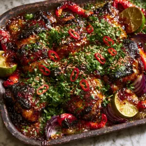 High-angle view of Spicy Honey-Lime Chicken thighs with blistered red peppers and toasted sesame seeds.