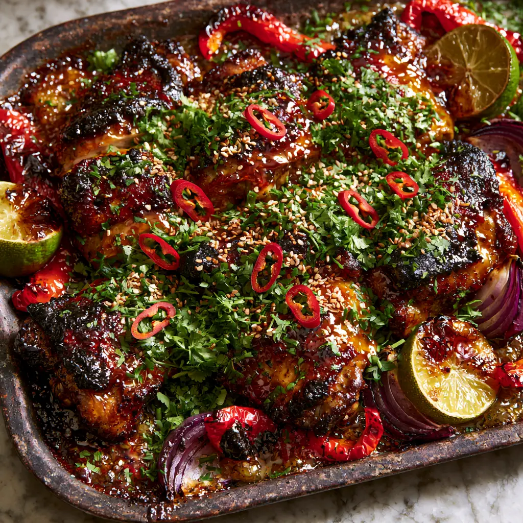 High-angle view of Spicy Honey-Lime Chicken thighs with blistered red peppers and toasted sesame seeds.