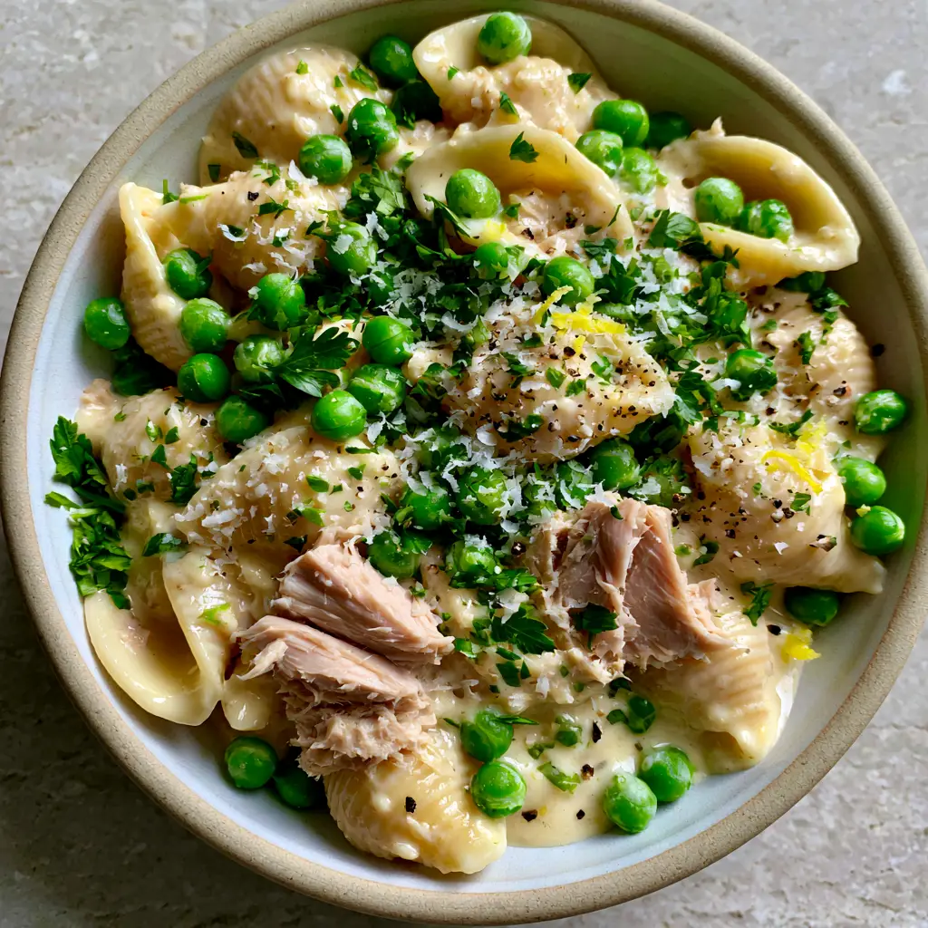 Top-down angled shot of a shallow ceramic bowl containing Creamy Parmesan tuna pasta garnished with parsley and lemon zest.