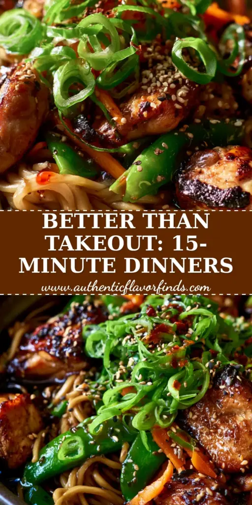 A steaming bowl of thick wheat noodles in a dark glossy sauce with charred chicken and snap peas. (Asian dinner ideas)