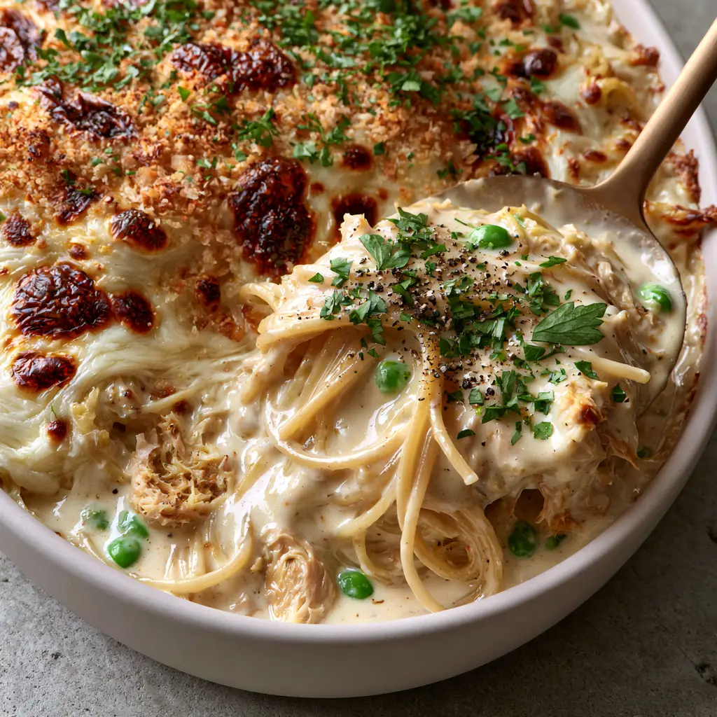 Overhead view of a glossy ivory cream sauce being mixed with spaghetti and flaked tuna for Tuna Tetrazzini.