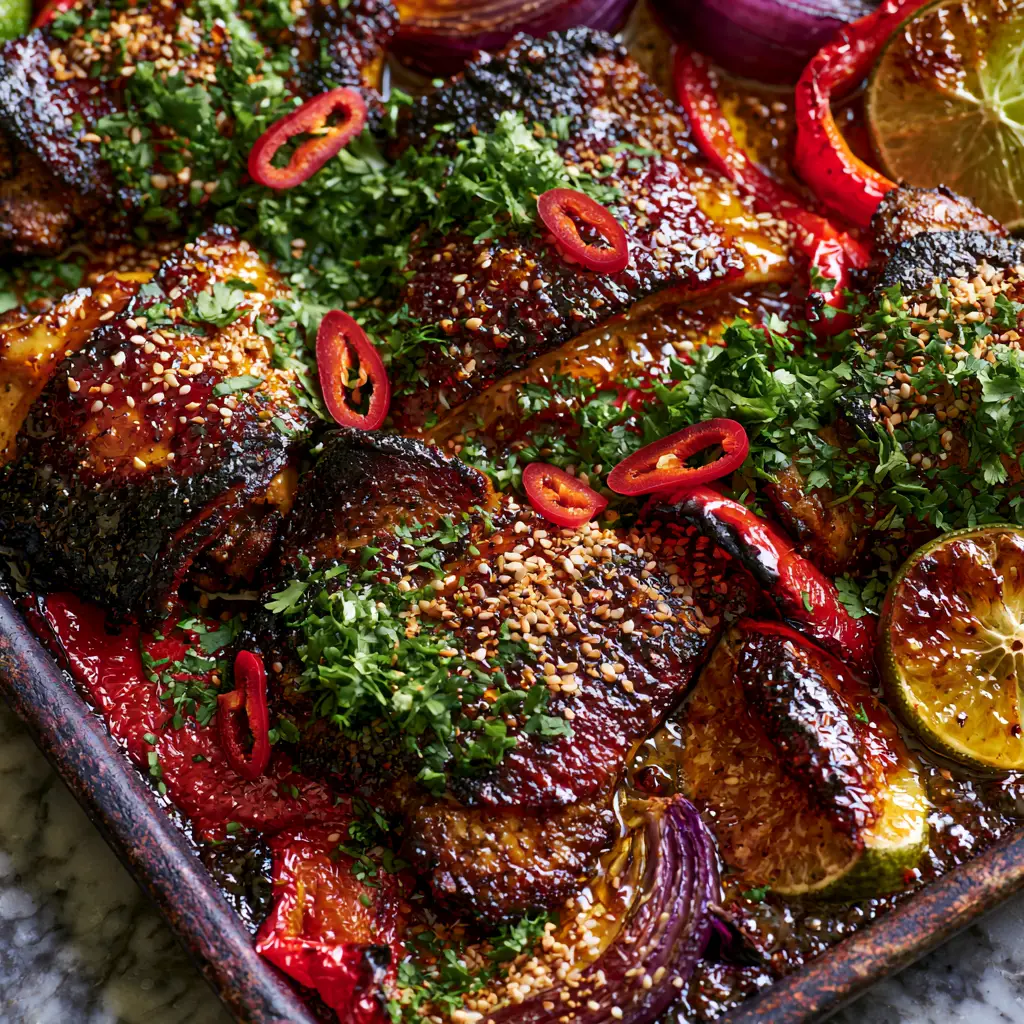 Extreme close-up of mahogany-seared chicken thighs in a spicy honey-lime sauce with sliced red chilies.