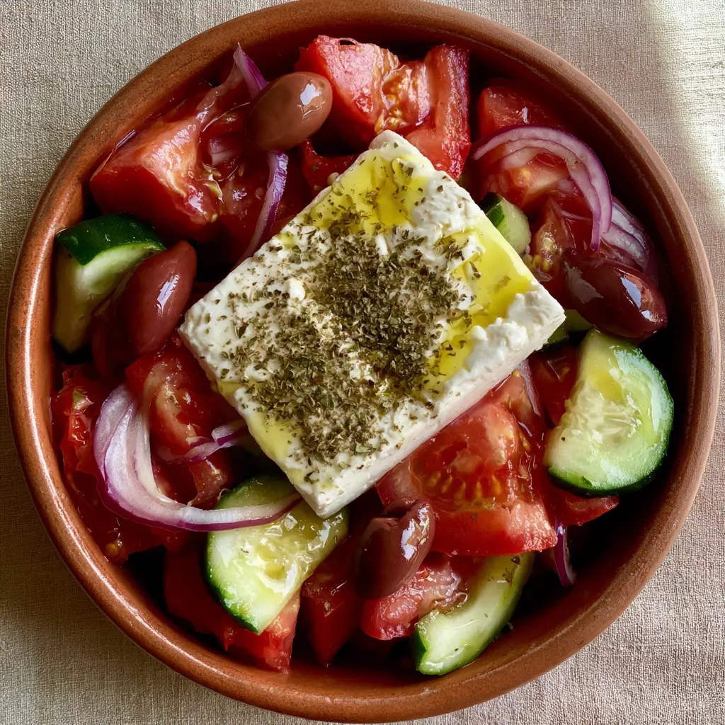 Close-up of a thick slab of feta cheese dusted with dried oregano on a Greek salad recipe.