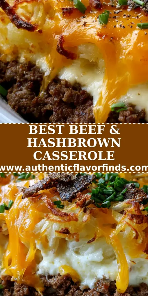 A top-down view of a beef and hashbrown casserole in a white dish, garnished with chives and black pepper.