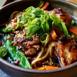 Macro close-up of thick wheat noodles drenched in honey-like dark soy sauce with charred chicken and neon scallions. (Asian dinner ideas)
