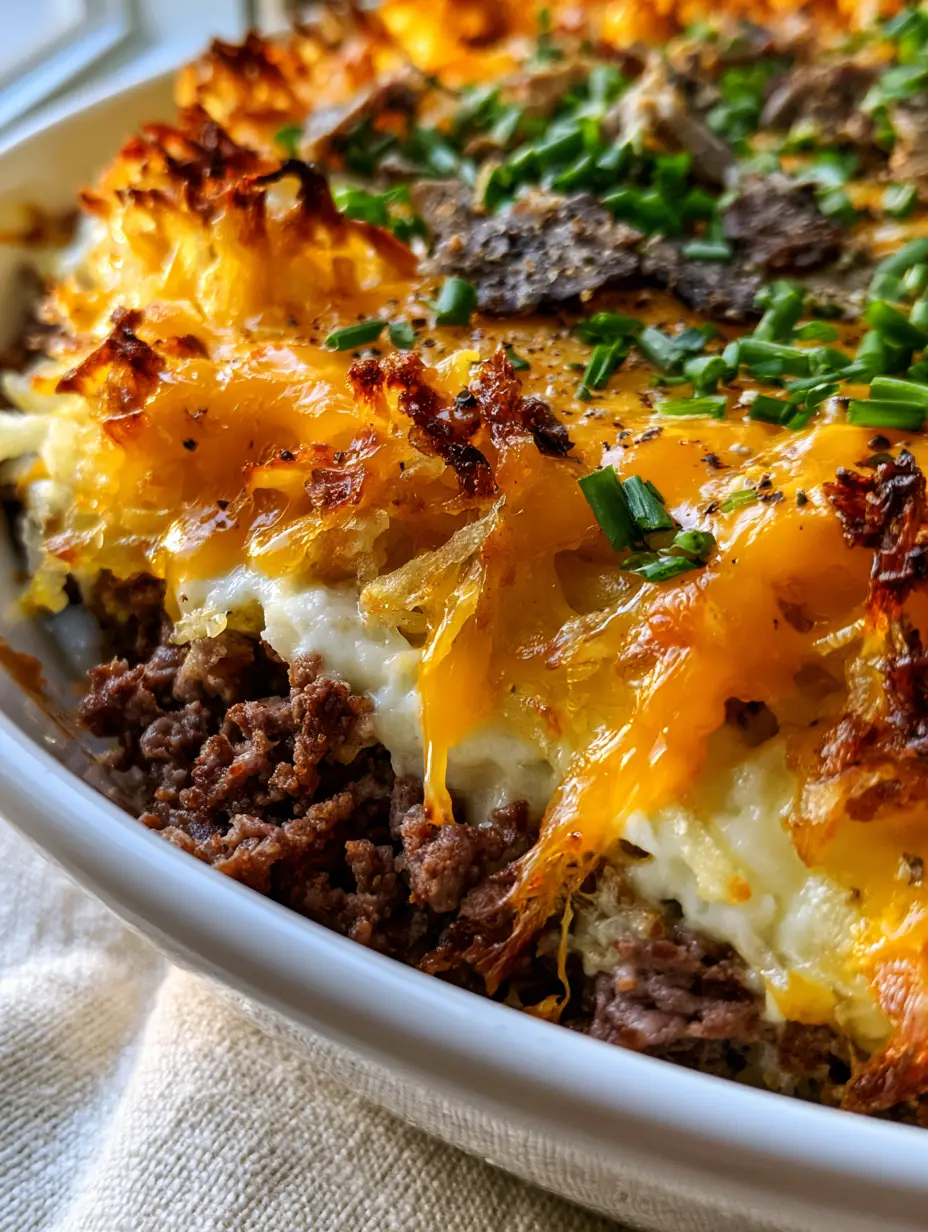 Extreme macro close-up of beef and hashbrown casserole showing bubbling cheddar cheese and crispy potato shreds.