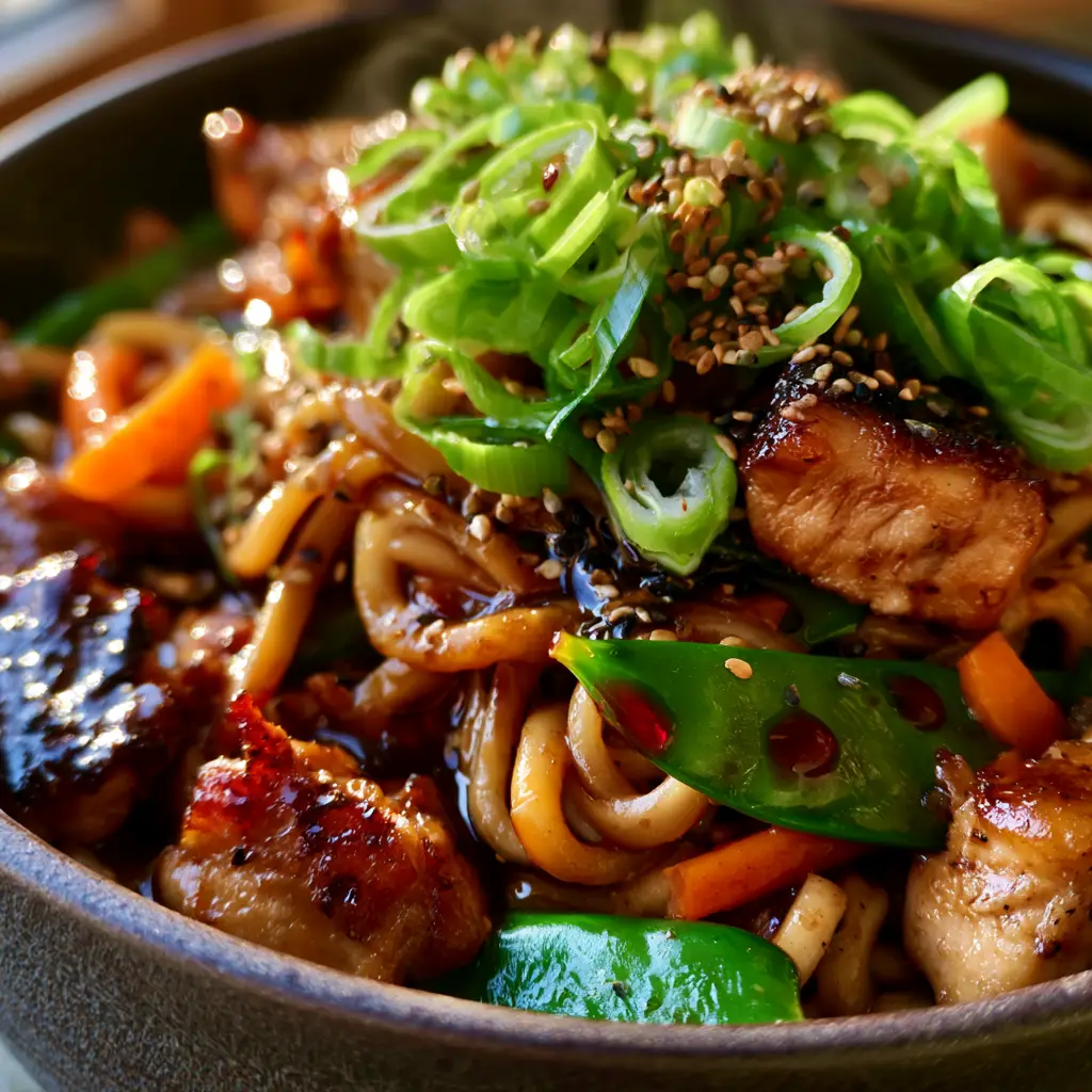 Detailed shot of seared chicken thighs with visible char marks and vibrant emerald snap peas in a dark ceramic bowl.