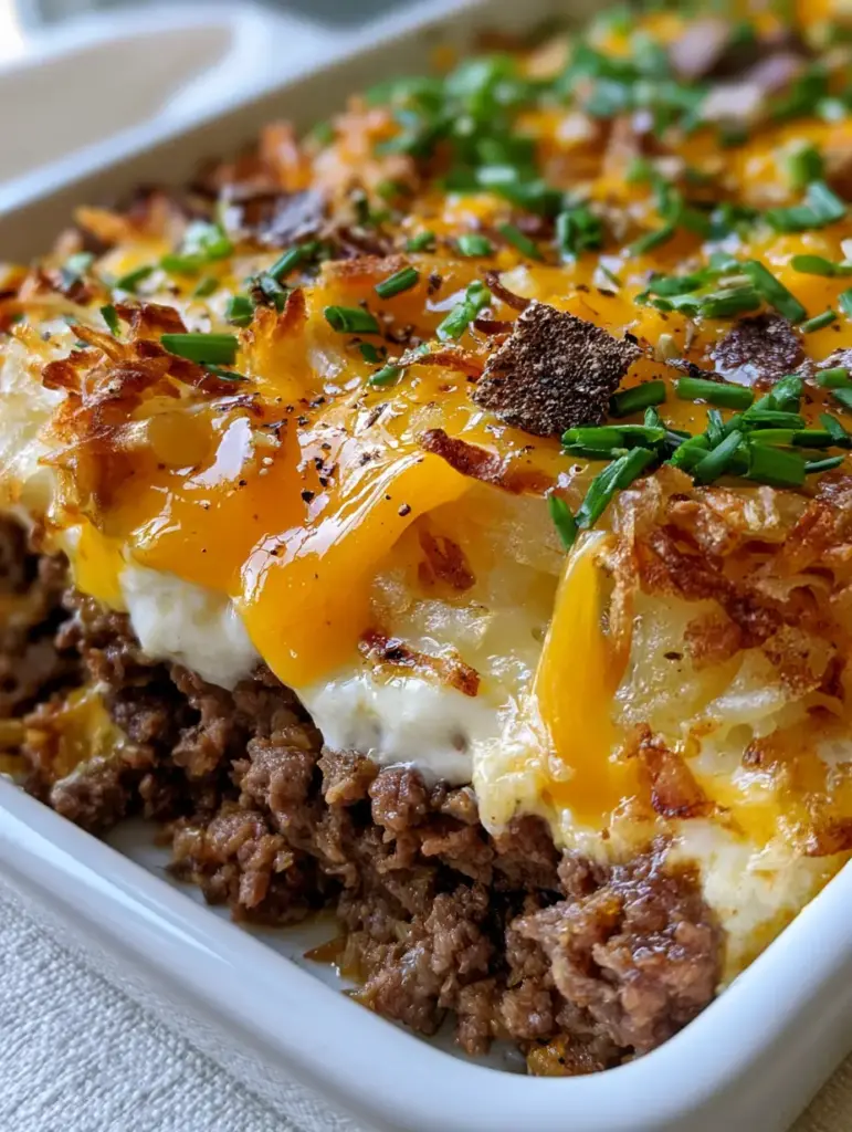 A close-up of the velvety white sauce layer between seasoned ground beef and golden hashbrowns.