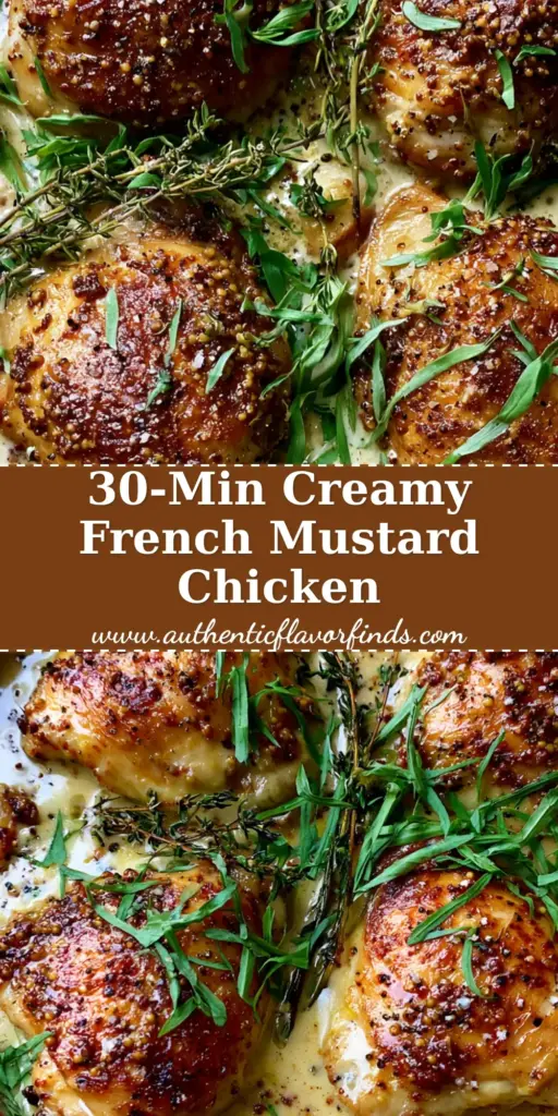 A rustic copper skillet filled with golden-brown French Mustard Chicken in a creamy Dijon sauce with whole grain mustard seeds and fresh tarragon.
