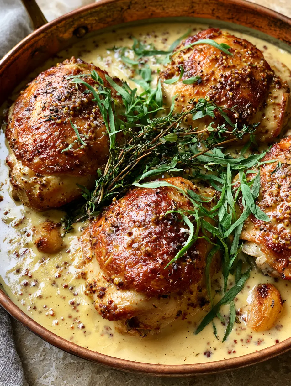 Close-up 45-degree angle of pan-seared chicken thighs in a glossy pale-yellow Dijon sauce with fresh thyme and tarragon. (French Mustard Chicken)