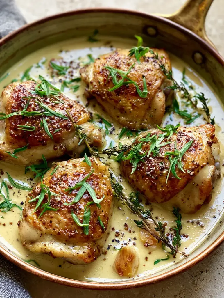 Detail shot of the creamy mustard sauce with visible mustard seeds, caramelized garlic, and cracked black pepper. (French Mustard Chicken)