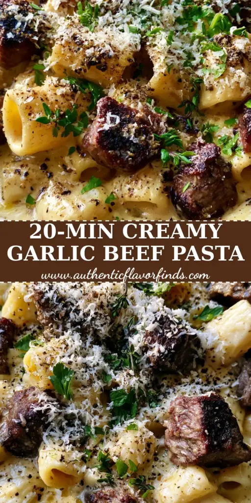 Close-up overhead shot of creamy Garlic Beef Pasta with charred steak bites and fresh herbs in a rustic grey bowl. (Garlic Beef Pasta)